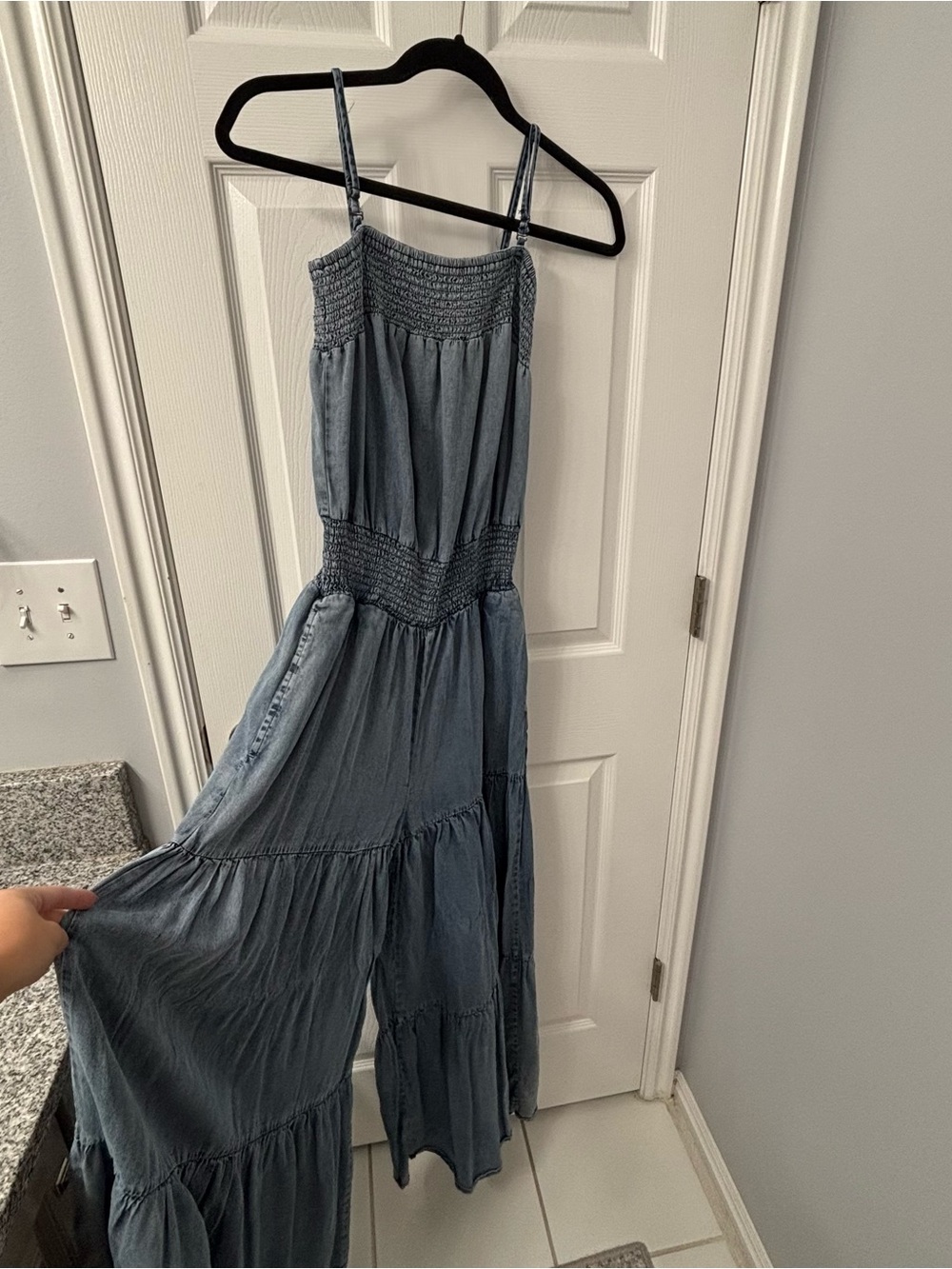 Oli & Hali Denim-Effect Smocked Blue Jumpsuit